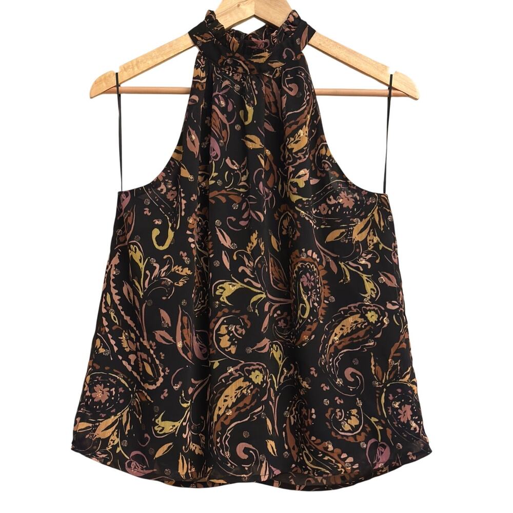 Aqua Floral Paisley Halter Neck Blouse Top Black Gold‎ Pink Size Small